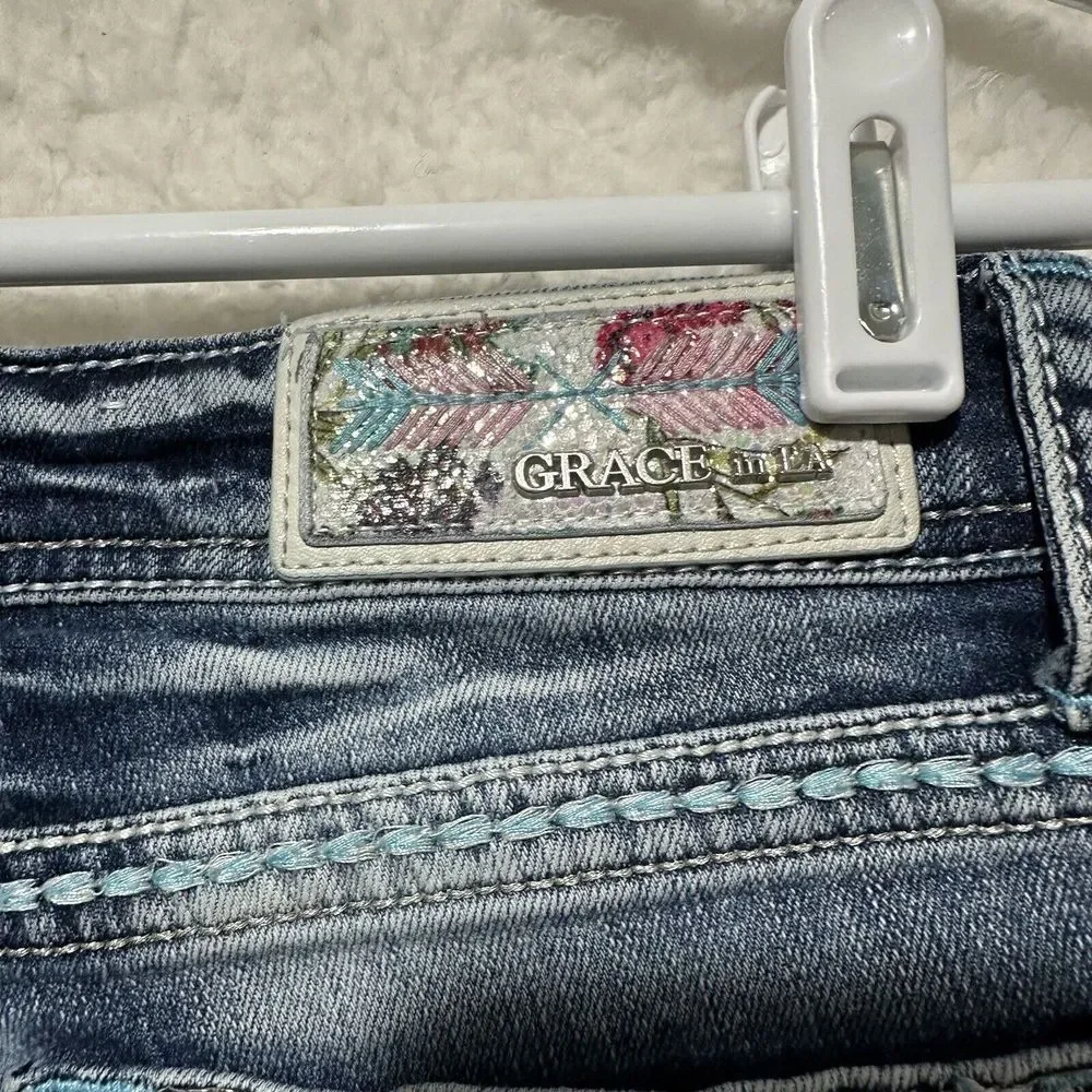 Grace In LA Boot Cut Embellished Embroidered Blue Light Wash‎ Faded Jeans Sz 28